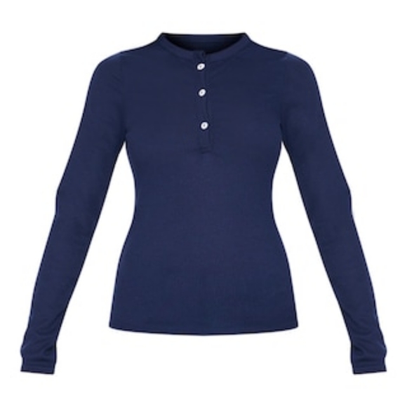 Navy Long Sleeve Rib Button Top - Picture 2 of 5